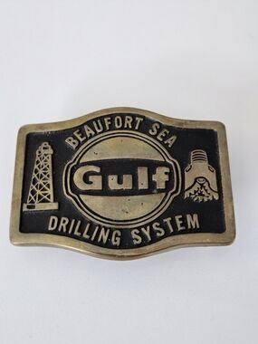 1980's Gulf Beaufort Sea Drilling System Brass Belt Buckle - Black & Brass